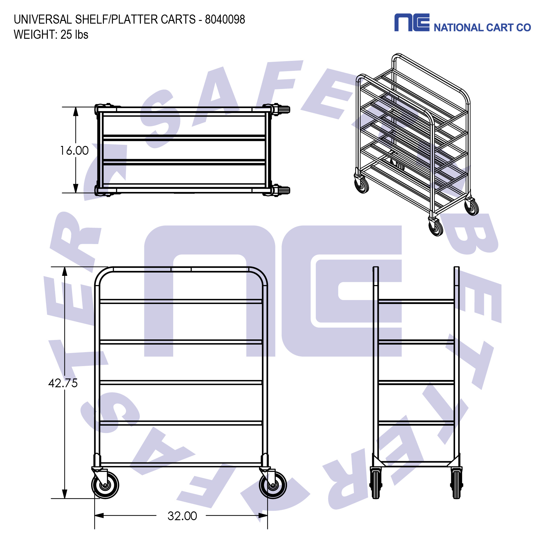 NSF approved. This food service cart meets strict standards and procedures imposed by NSF.