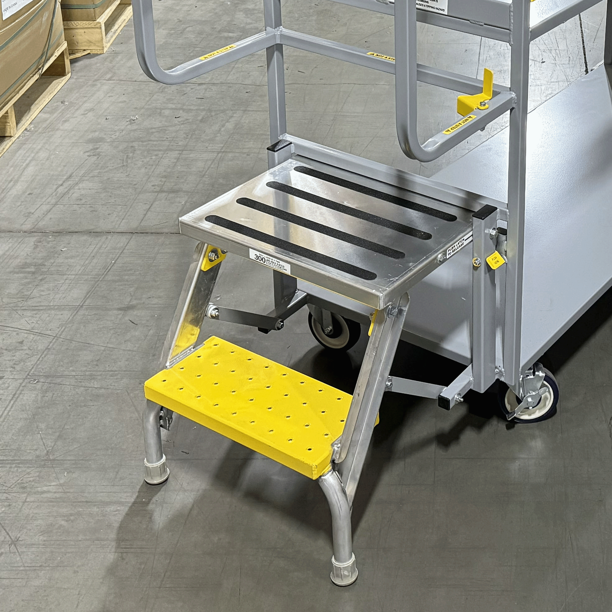 The 2-Step Stair Cart is your all-in-one solution for elevated picking. A durable frame, slip-resistant steps, and maneuverable six-wheel layout make it ideal for high-traffic stocking. Customize shelves, wheels, and accessories to fit your operation and keep your team working safely and efficiently.