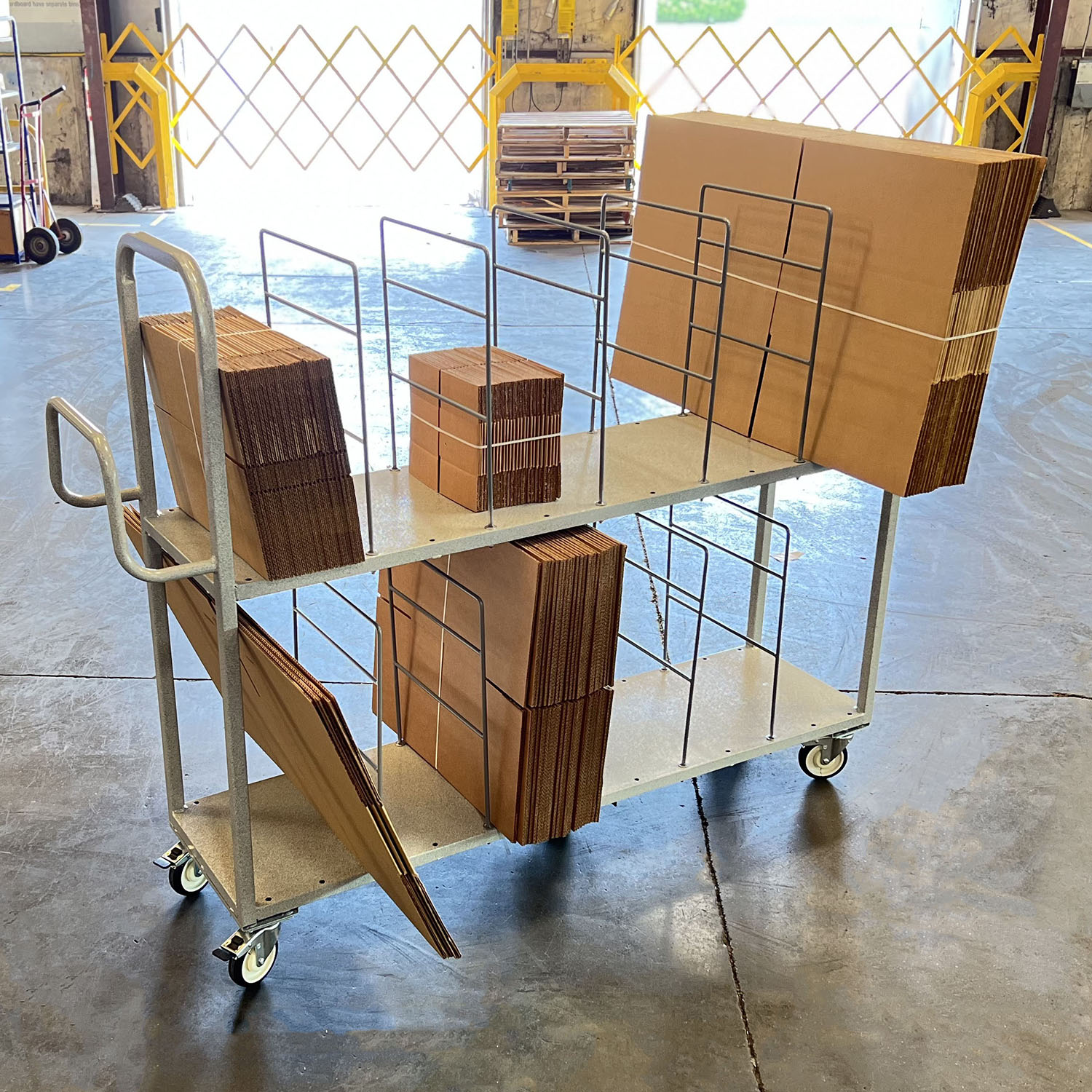 Water Spider Carts help organize, store, and transport empty cardboard boxes.