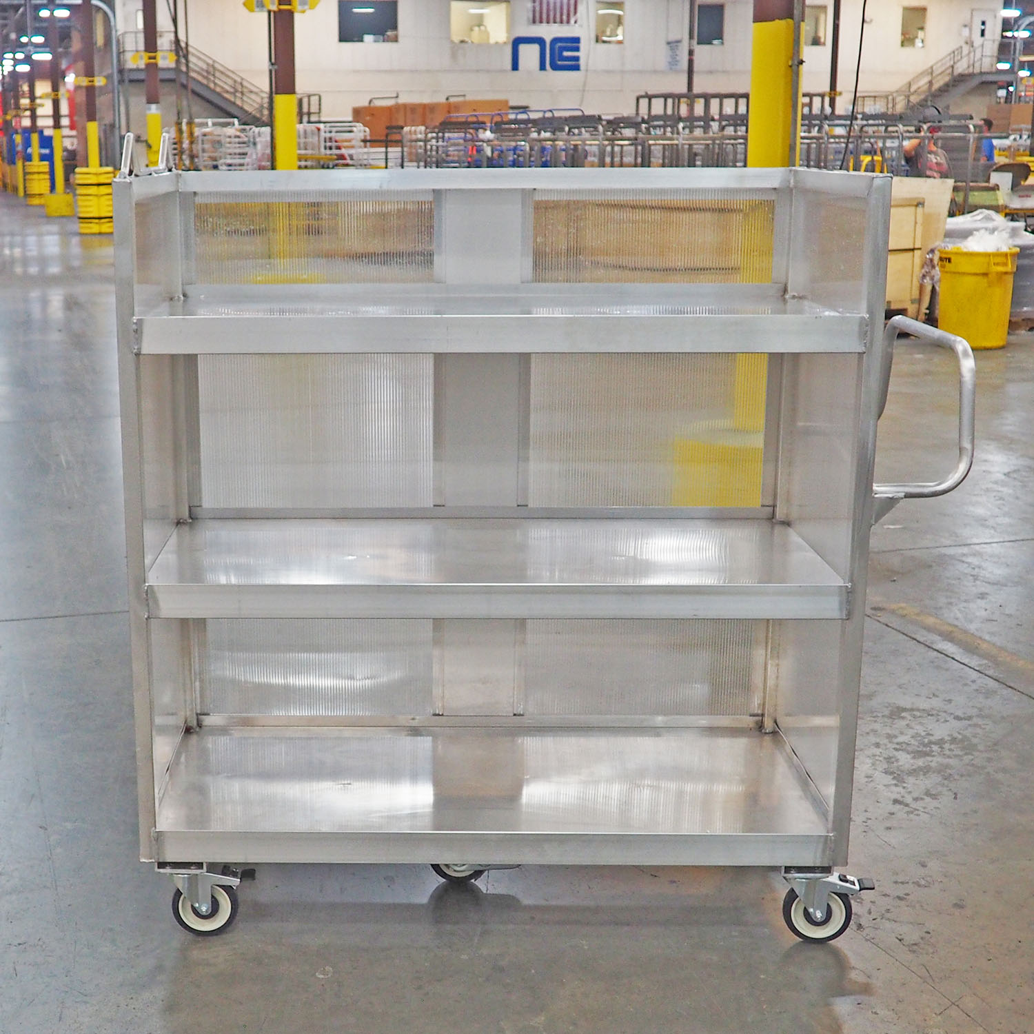 Three clear Sided Aluminum Picking Cart with ergonomic handle and 5 wheel design Utility Cart with 3 Shelves picking cart Three Shelf Distribution Cart picking cart 3 shelf picking cart, 3 shelf Picking Cart, picking cart, ecom cart, ecommerce cart, ecommerce picking cart, picking cart,