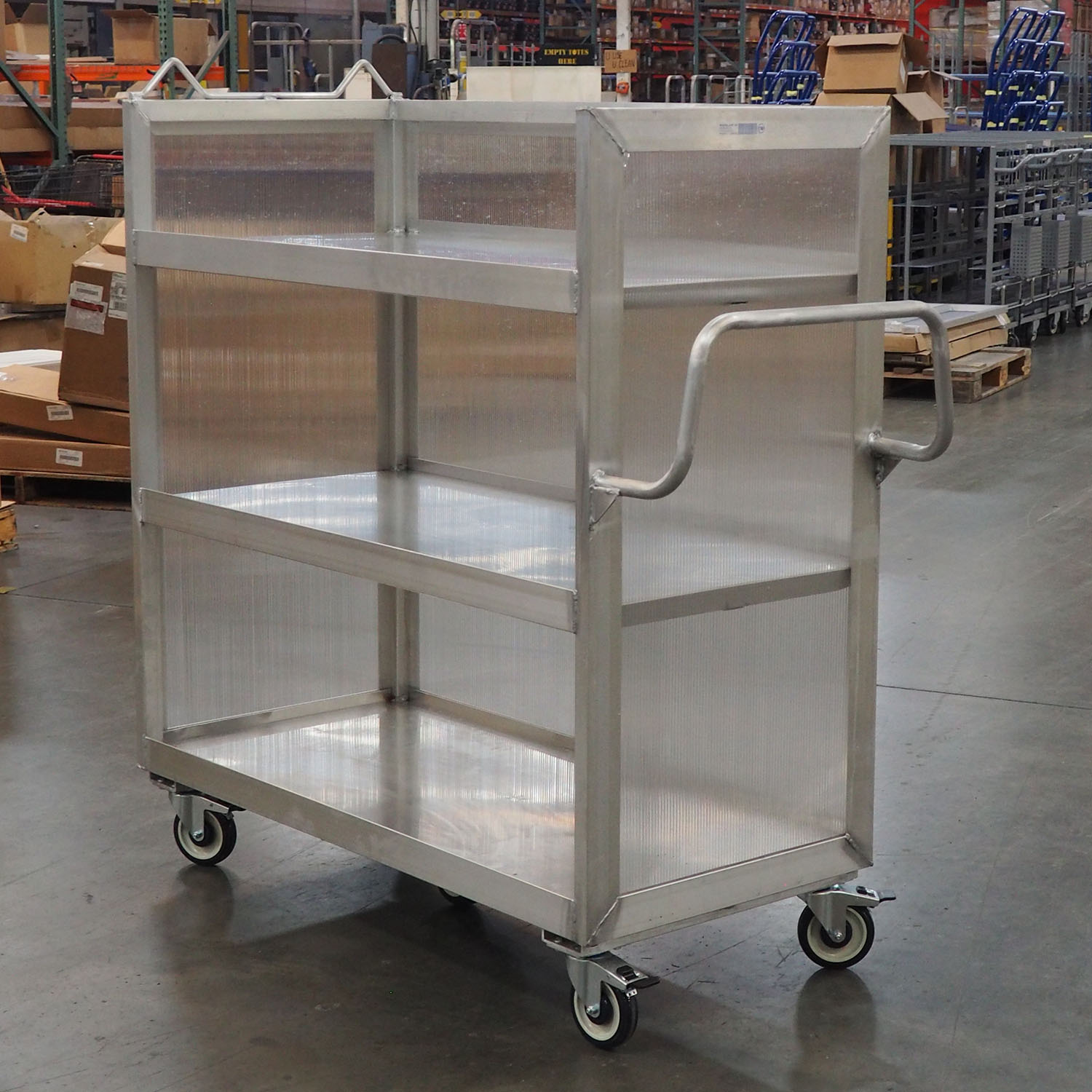 Three clear Sided Aluminum Picking Cart with ergonomic handle and 5 wheel design picking cart