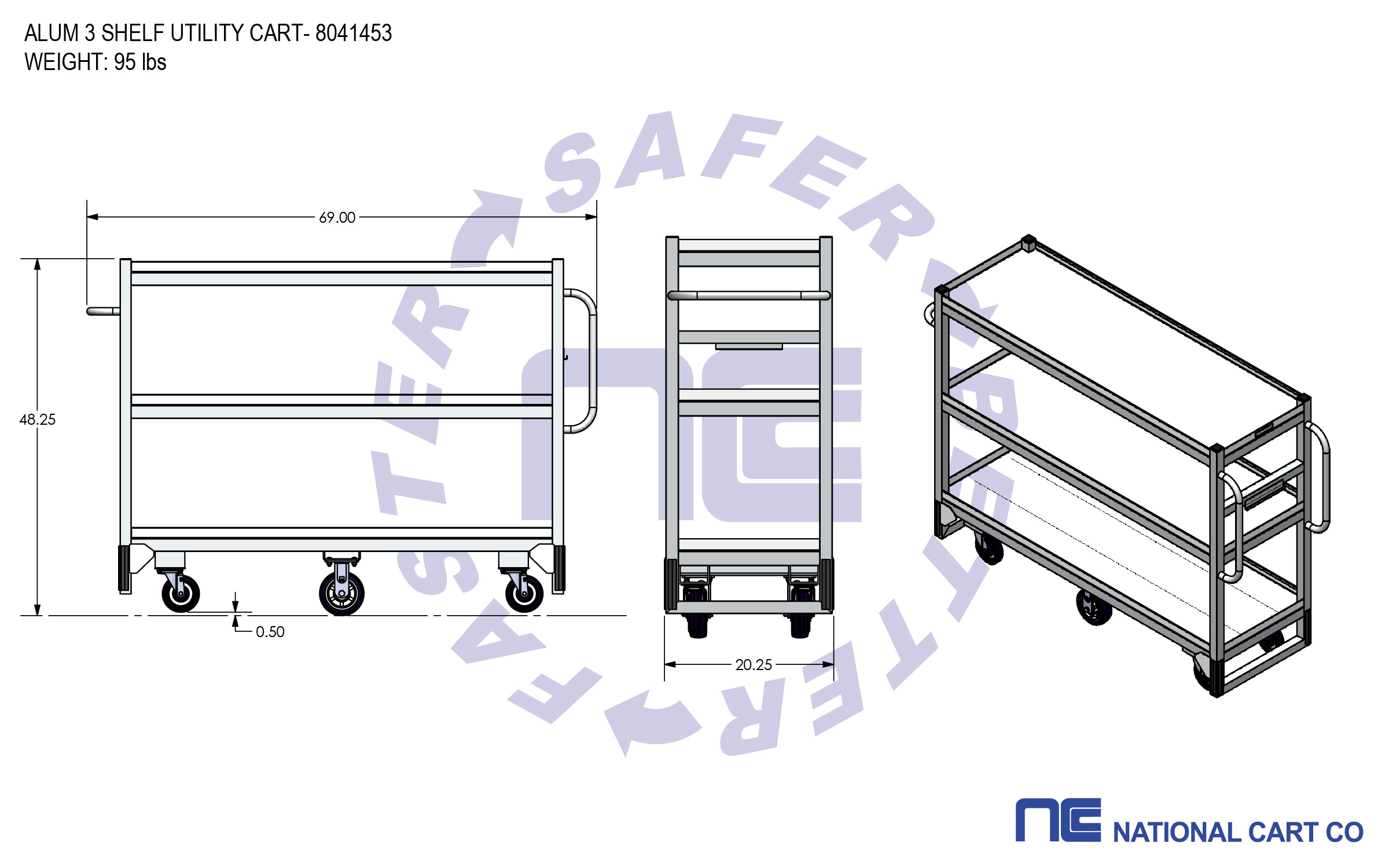 Dimensions of Utility Cart with 3 Shelves picking cart