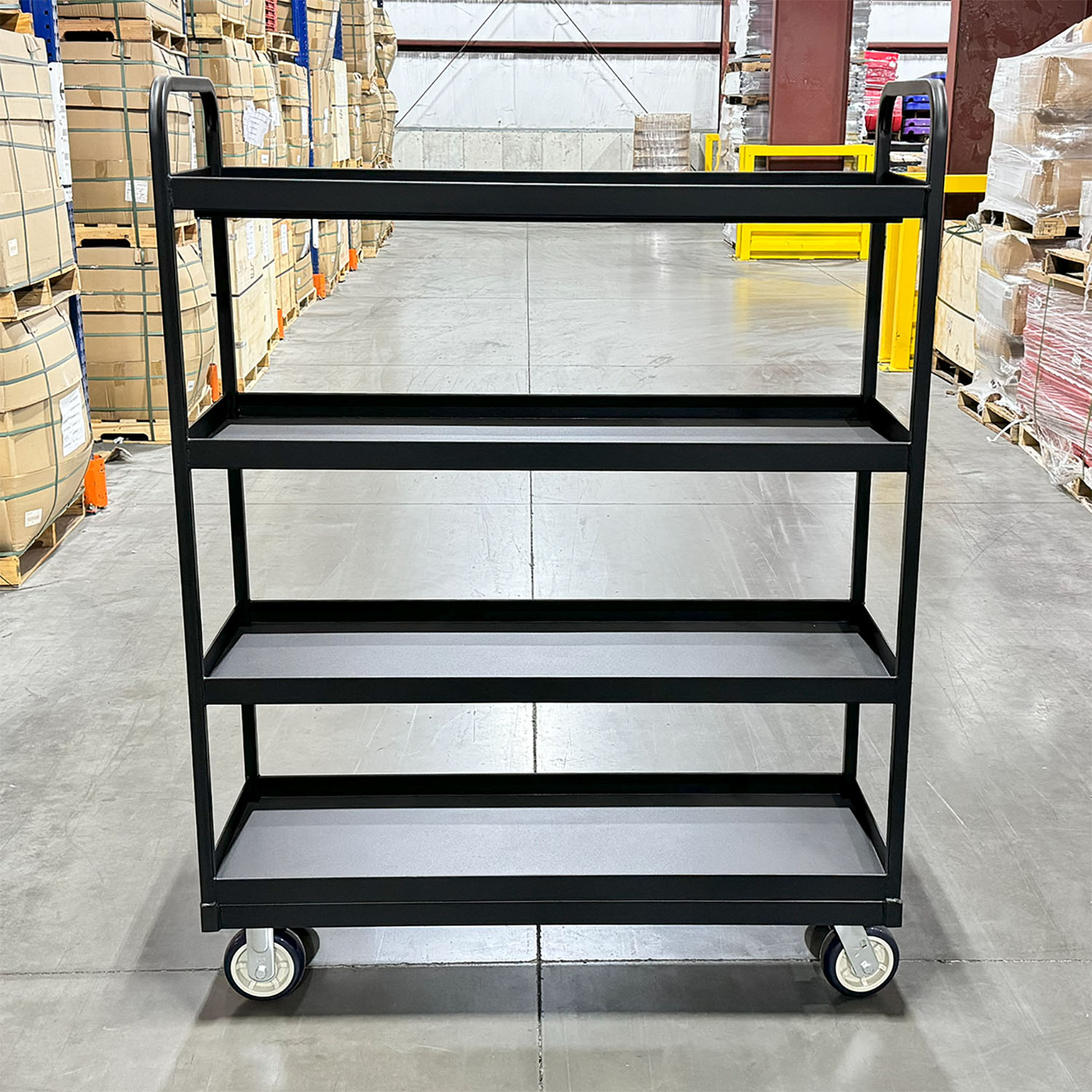 Heavy-Duty Stock Cart material handling picking cart industrial cart distribution cart fulfillment cart Four-shelf swivel cart Raised lip shelves Heavy-duty steel cart All-welded steel construction Stock cart Picking cart Durable utility cart Warehouse cart 360-degree swivel casters Easy maneuverability cart Secure product storage Prevents product damage Increases efficiency Versatile handles Industrial steel cart Mobile storage solution Facility transport cart Heavy-duty transport cart Material handling cart Ergonomic design cart