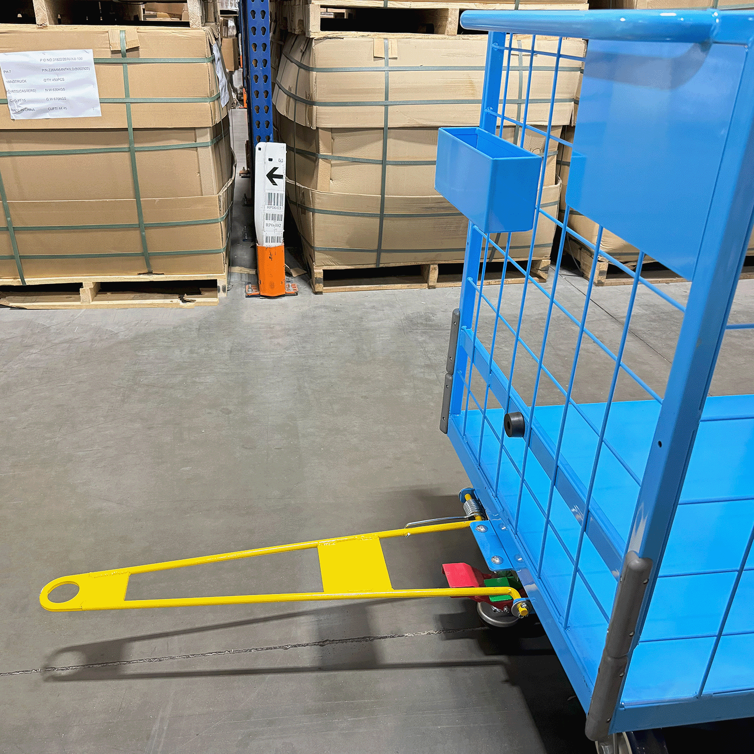Spring-Loaded Tow Bar: The spring-loaded tow bar is a crucial feature that enhances the cart's maneuverability and ease of use. It allows the cart to be easily attached to a tugger or tow vehicle for transportation within the warehouse or distribution center. The spring-loaded mechanism ensures smooth coupling and decoupling, reducing strain on the operator and minimizing the risk of accidents.