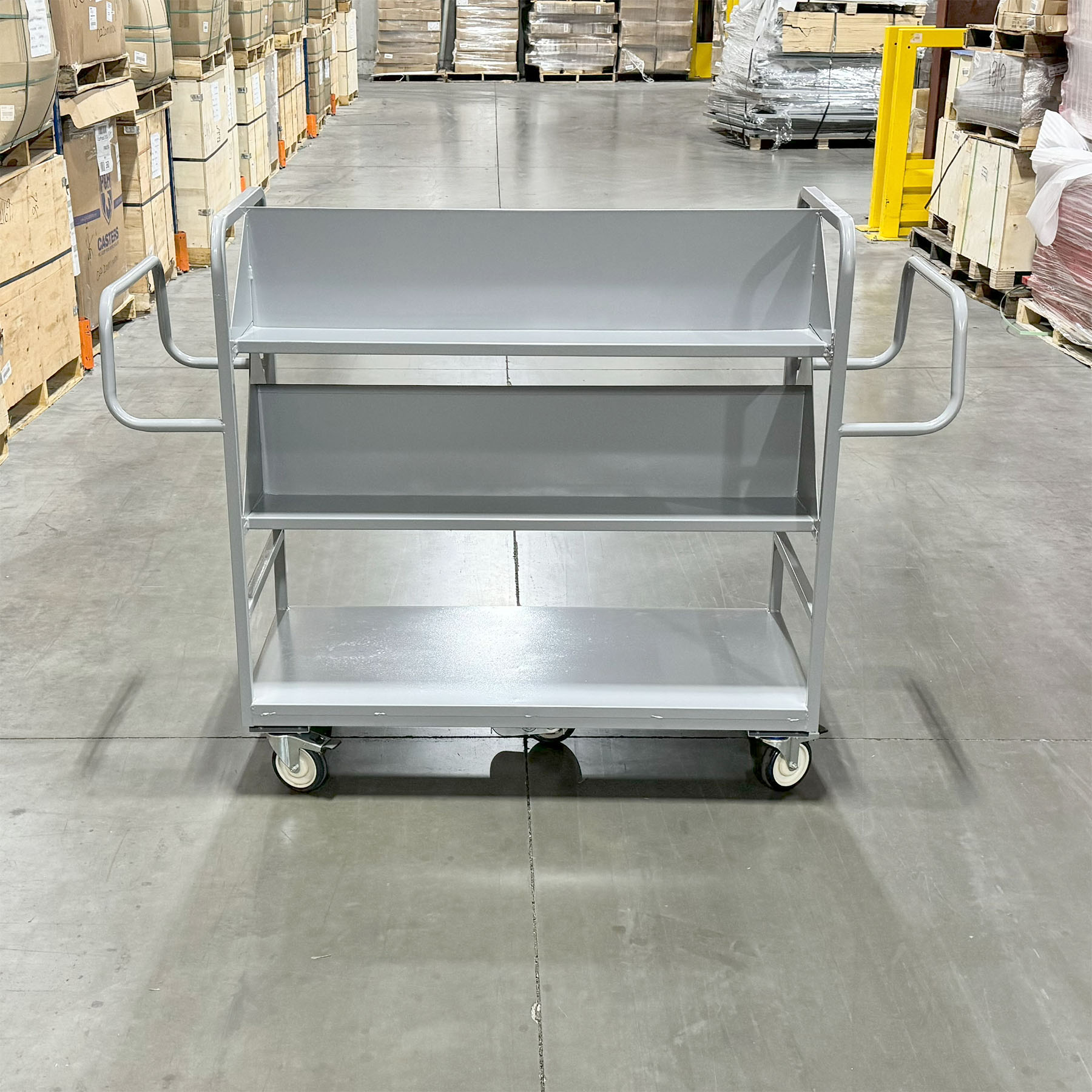 industrial utility cart, warehouse cart with shelves, heavy-duty material handling cart, steel utility cart, rolling warehouse cart, industrial storage cart, workshop cart, material transport cart