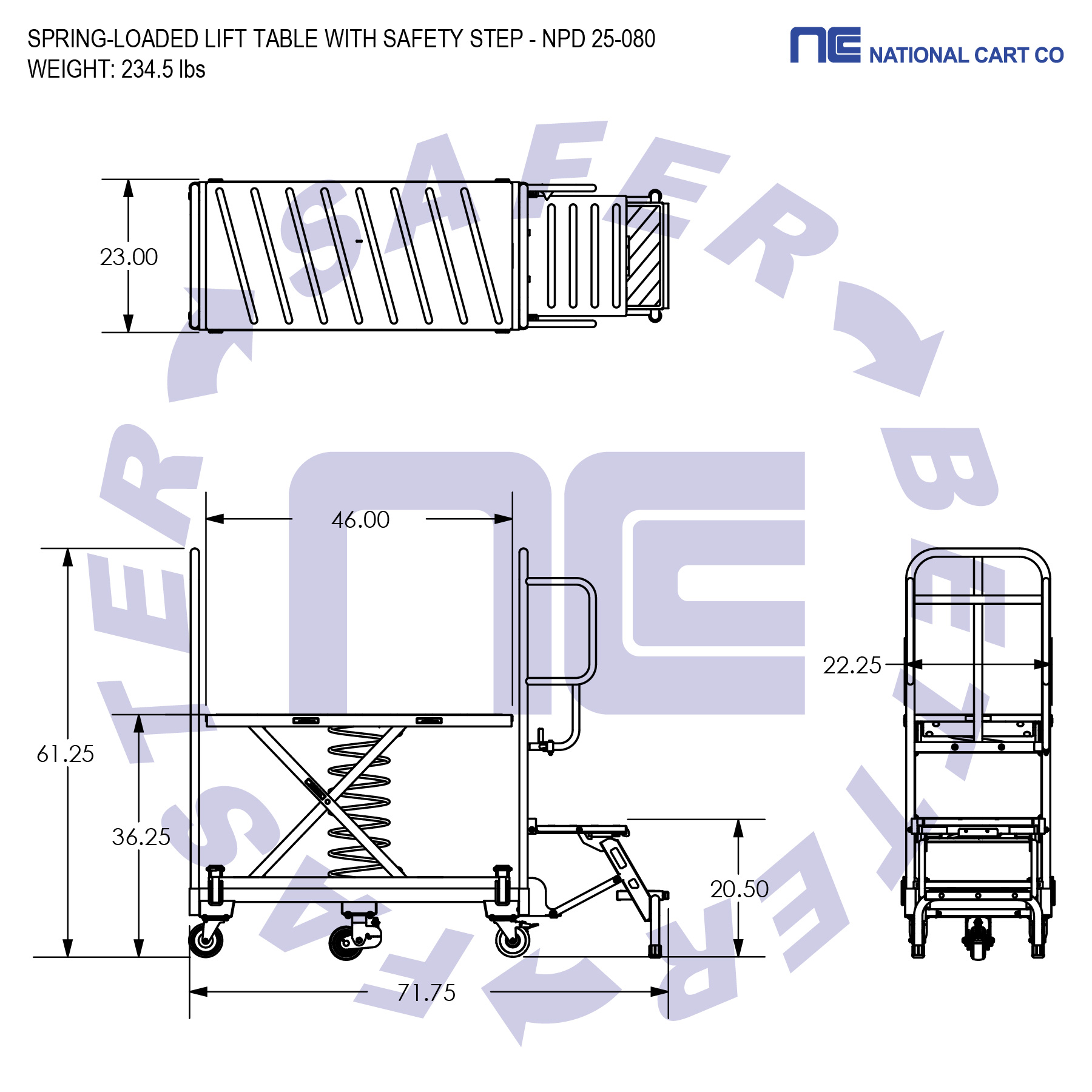Spring-loaded lift table order picking cart designed to maintain an ergonomic working height. Ergonomic warehouse order picker with integrated safety step for elevated access. Heavy-duty spring lift platform cart built for industrial order fulfillment. Non-slip platform improves safety during warehouse picking and restocking. Order picking cart with guardrails and safety step for secure material handling.