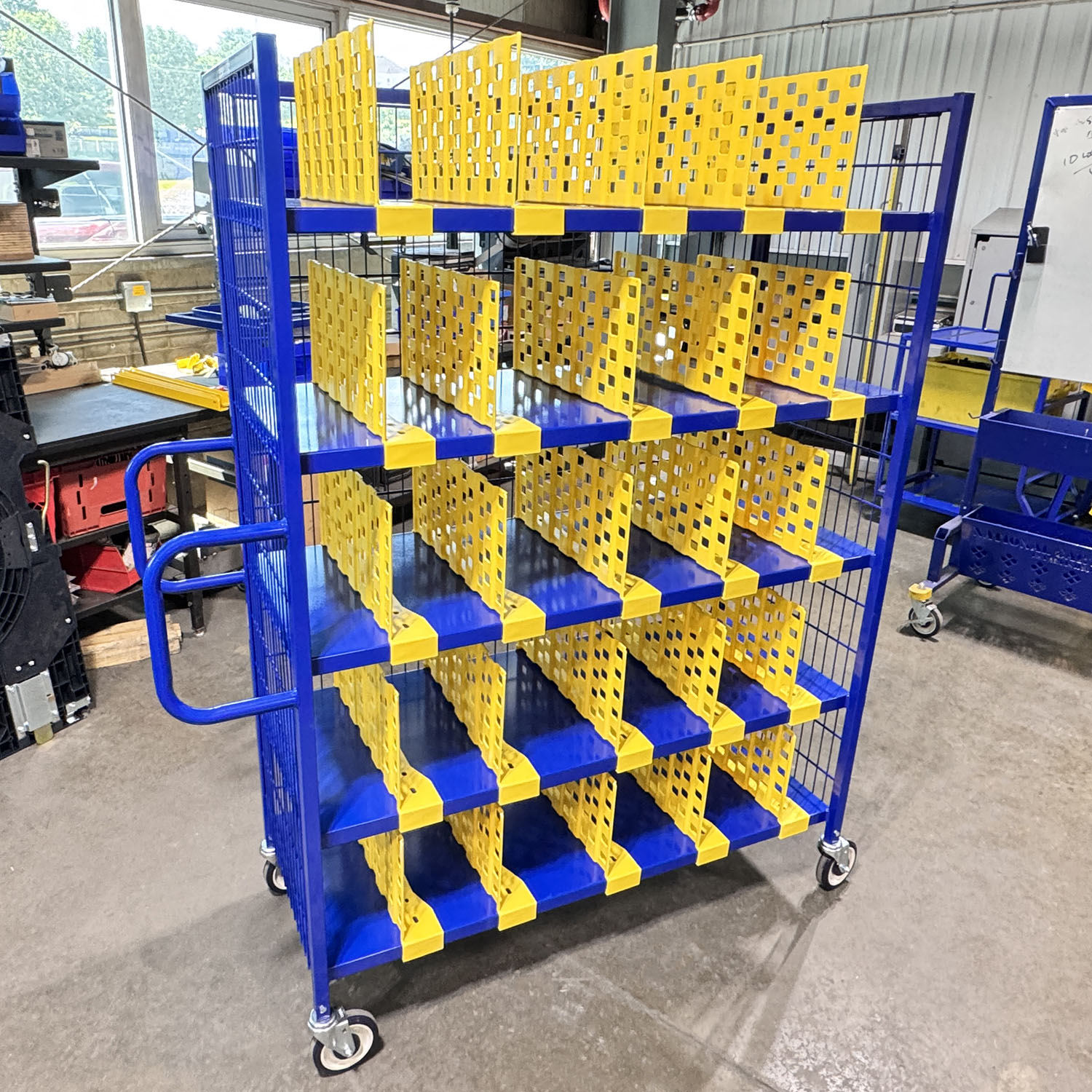 High-capacity retail stocking cart with adjustable compartments for organized SKU separation.
