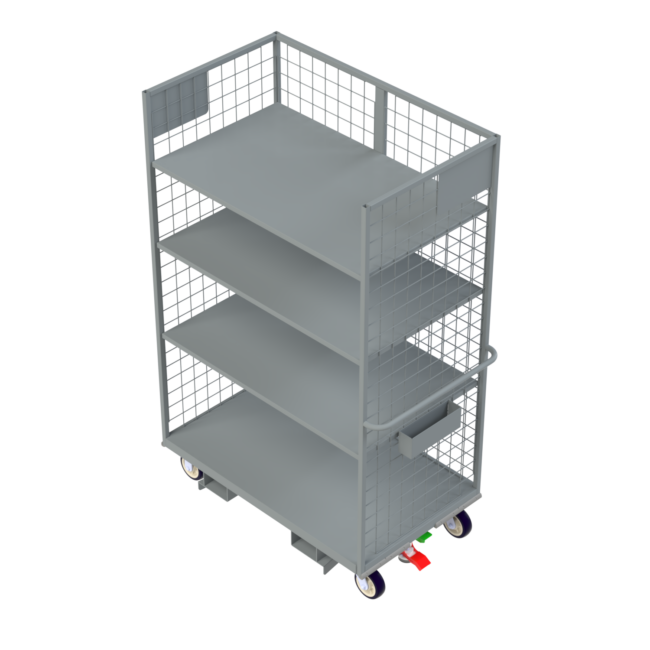 Four-shelf warehouse distribution cart with forklift compatibility, stomp brake safety system, and integrated accessory storage for efficient order picking and product transport.