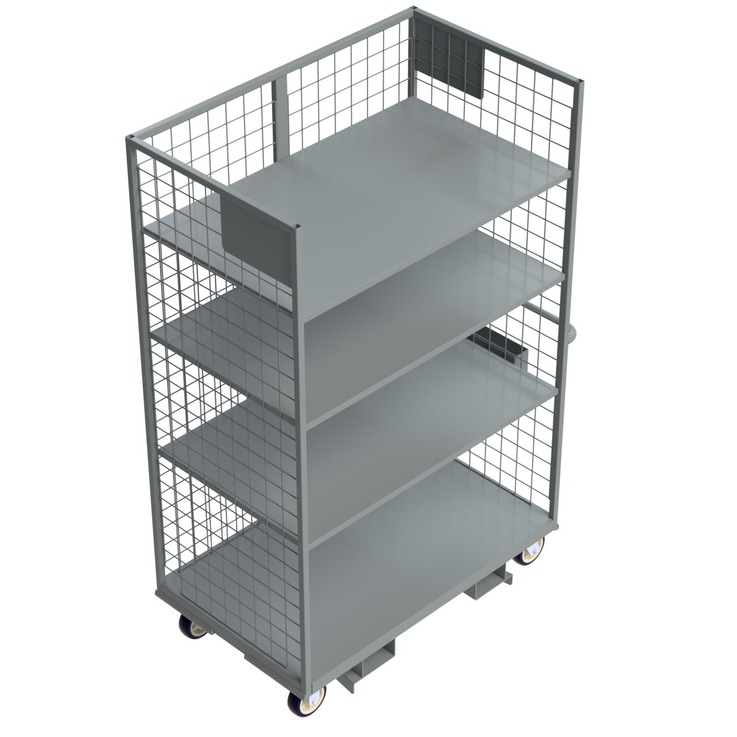 Four-shelf warehouse distribution cart with forklift compatibility, stomp brake safety system, and integrated accessory storage for efficient order picking and product transport.