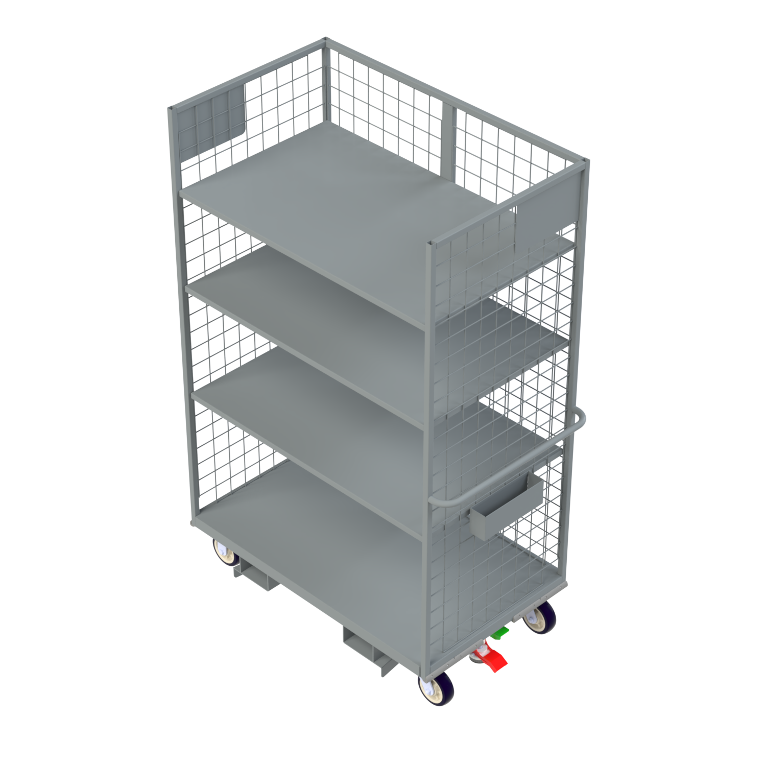 Four-shelf warehouse distribution cart with forklift compatibility, stomp brake safety system, and integrated accessory storage for efficient order picking and product transport.