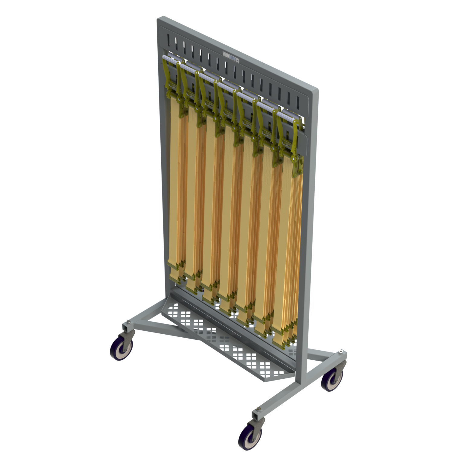 The National Cart Company Trailer Strap Storage Cart is engineered to securely store and organize load securement straps used for 18-wheeler trailers. Designed for transportation yards, distribution centers, and fleet maintenance facilities, this mobile strap cart keeps ratchet straps untangled, accessible, and off the ground.