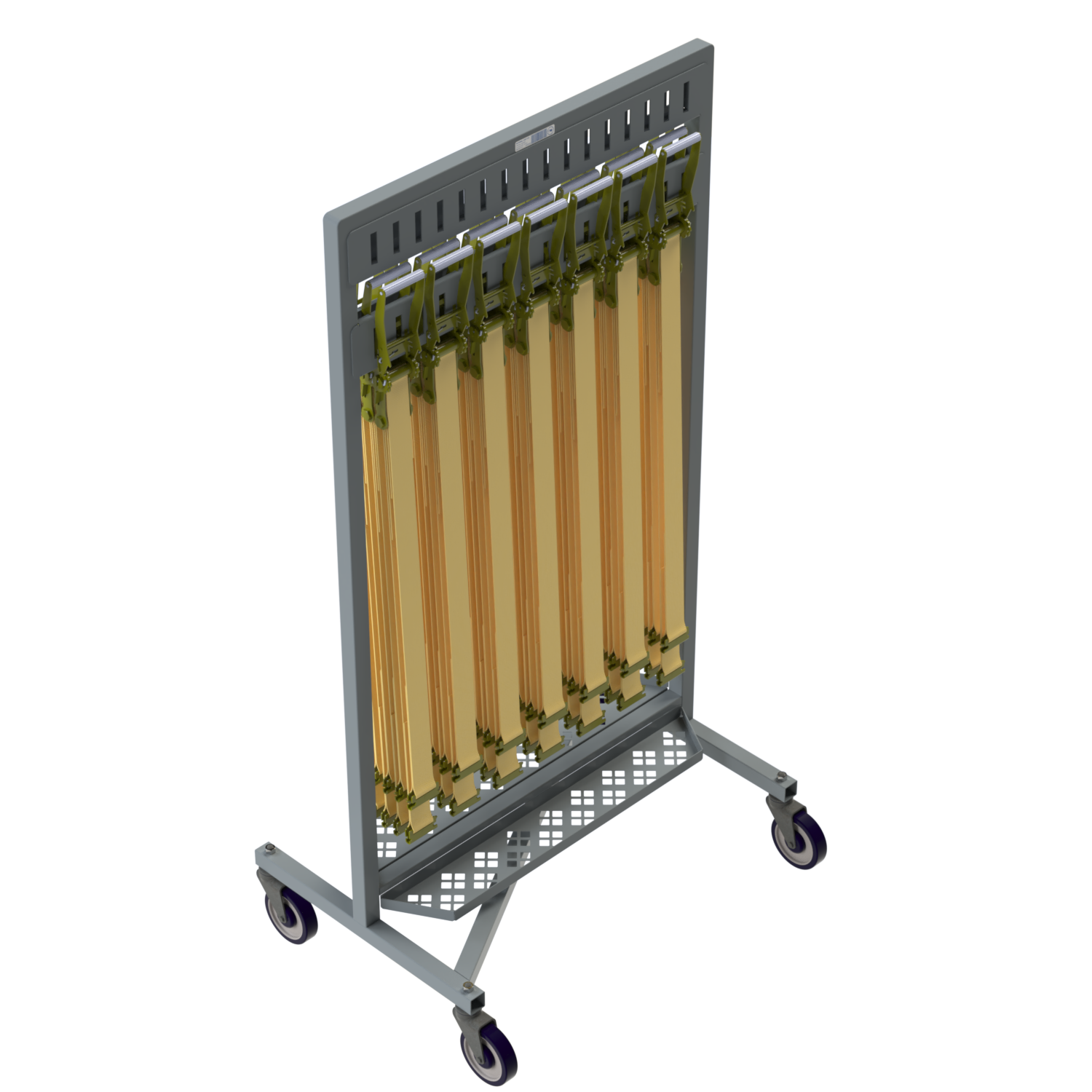 In busy transportation environments, time equals money. Wall-mounted racks may store straps neatly, but they require drivers or yard associates to walk back and forth between trailers and storage points. The Trailer Strap Storage Cart eliminates unnecessary steps by bringing strap inventory directly to the load site. This improves: • Associate throughput • Loading speed • Equipment longevity • Workplace safety For high-volume fleet operations, mobility creates measurable efficiency gains. ________________________________________ Ideal Applications • Flatbed trailer operations • Freight terminals • Distribution centers • Trucking fleet yards • Cross-dock facilities • Logistics hubs ________________________________________ Technical Highlights • Designed for standard ratchet and winch straps • Vertical hanging brackets • Heavy-duty welded steel frame • Industrial swivel casters • Powder-coated finish for corrosion resistance