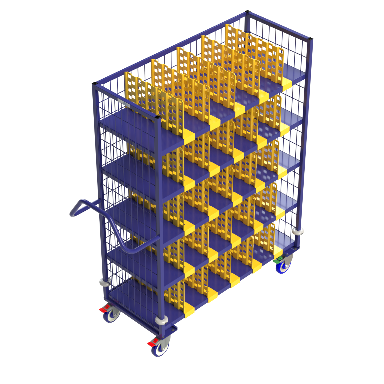 High-capacity retail stocking cart with adjustable compartments for organized SKU separation.