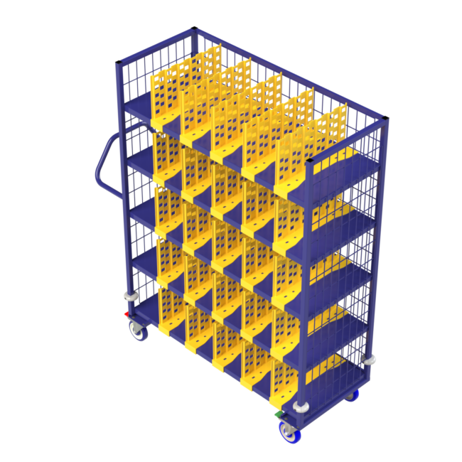 Multi-shelf retail cart with configurable dividers for separating products and improving stocking efficiency.