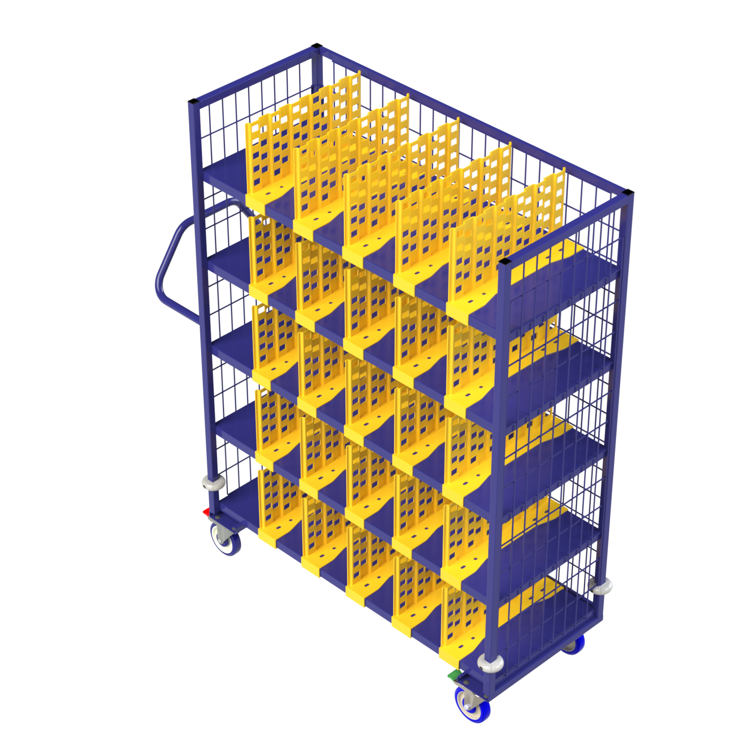 Multi-shelf retail cart with configurable dividers for separating products and improving stocking efficiency.
