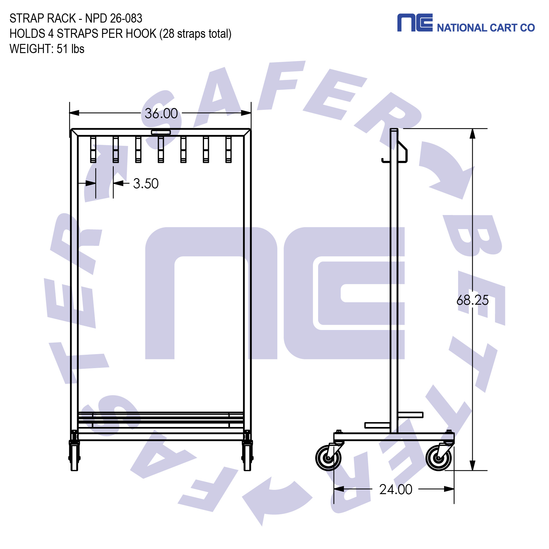 The National Cart Company Trailer Strap Storage Cart is a mobile, heavy-duty solution for organizing load securement straps used on 18-wheeler trailers. Designed for transportation yards, freight terminals, and distribution centers, this vertical strap cart keeps ratchet straps untangled, visible, and ready for immediate use.